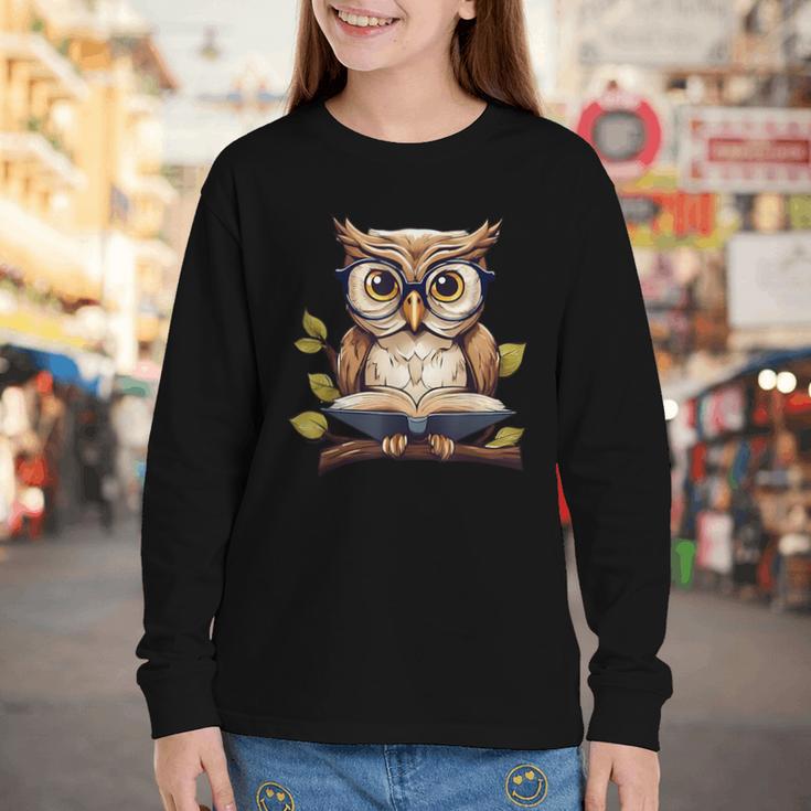Owl Reading A Book Perched On A Branch Bookworm Youth Long Sleeve Tee