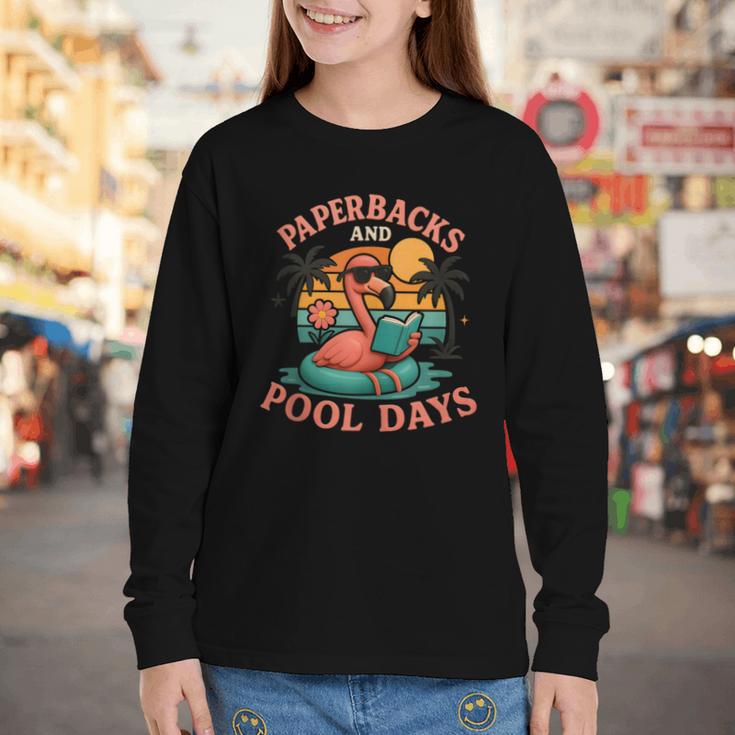 Paperbacks And Pool Days Flamingo Reading Summer Vibes Books Youth Long Sleeve Tee