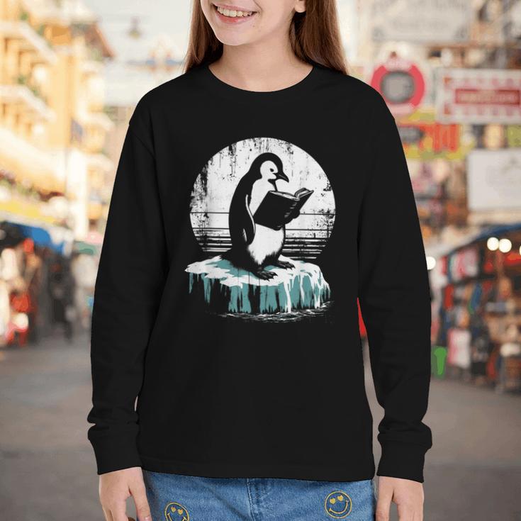 Penguin Reading A Book Vintage Graphic Bookworm Lover Youth Long Sleeve Tee