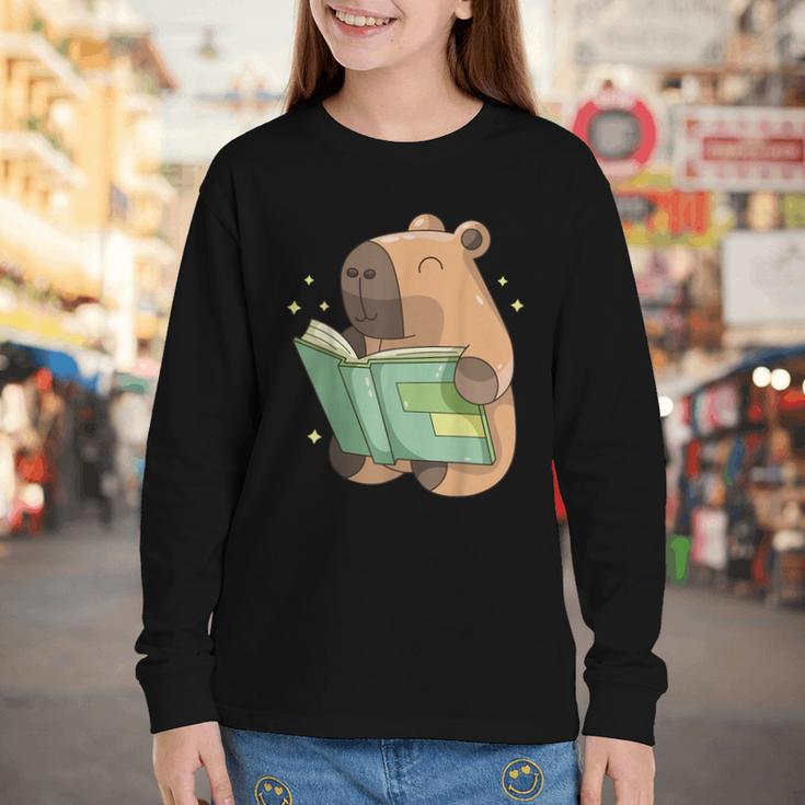 Pet Capybara Is Reading Library Capy Word Book Day Teacher Men Women Kids Youth Long Sleeve Tee