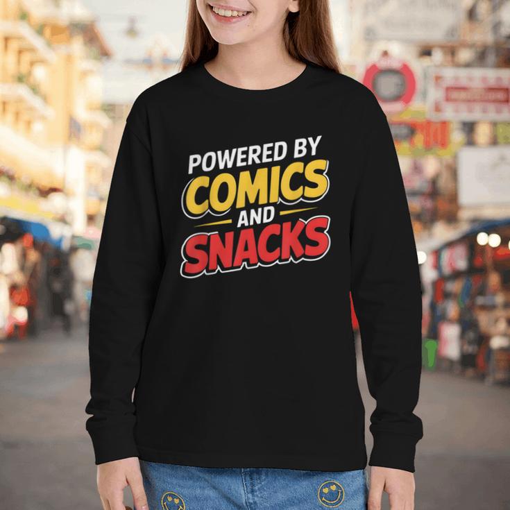 Powered By Comics And Snacks Comic Book Lover Youth Long Sleeve Tee