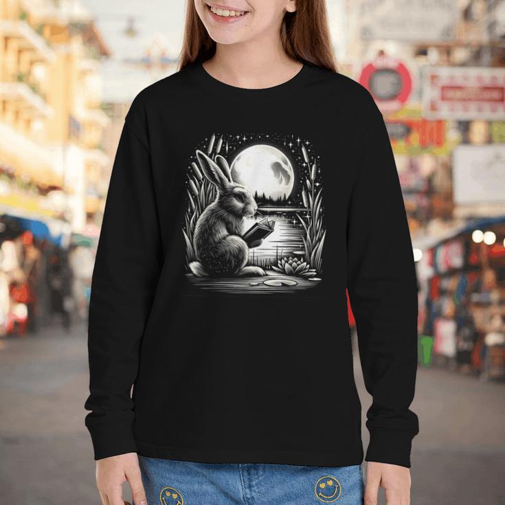Rabbit Reading Book Full Moon Lake Scenery Youth Long Sleeve Tee