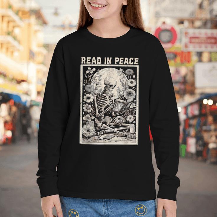 Read In Peace Skeleton Book Lover Bookworm Book Youth Long Sleeve Tee