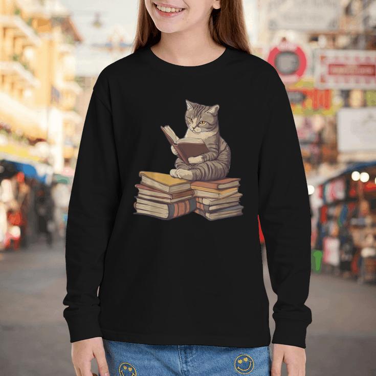 Reading Cat Book Lover Youth Long Sleeve Tee