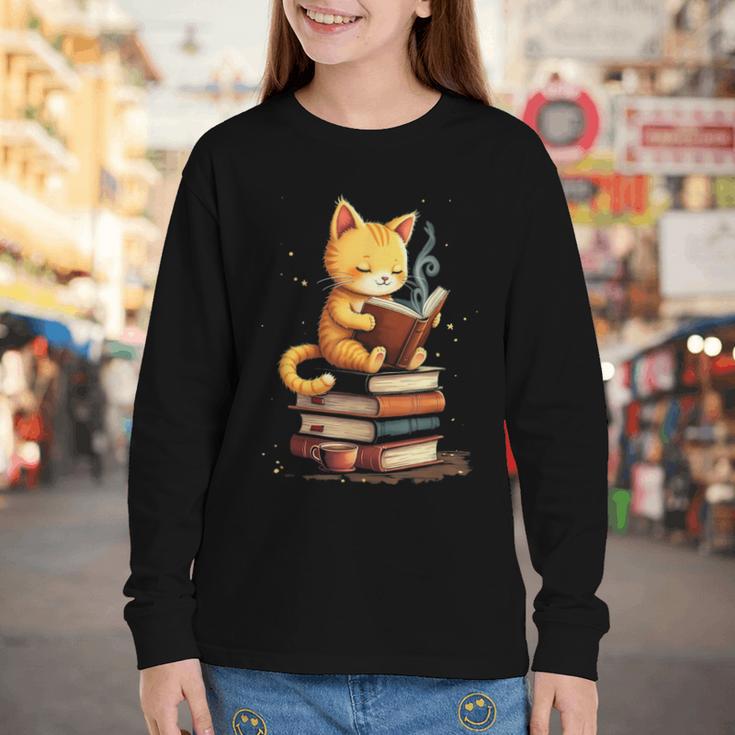 Reading Cat Books Cute Youth Long Sleeve Tee