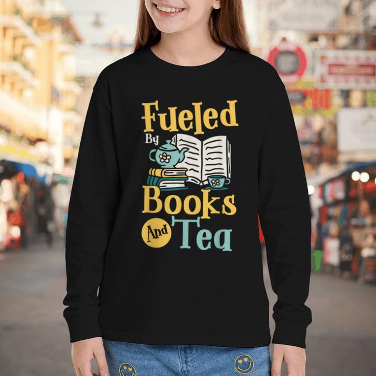 Reading Hobby Bookshelves Library Fueled By Books And Tea Youth Long Sleeve Tee