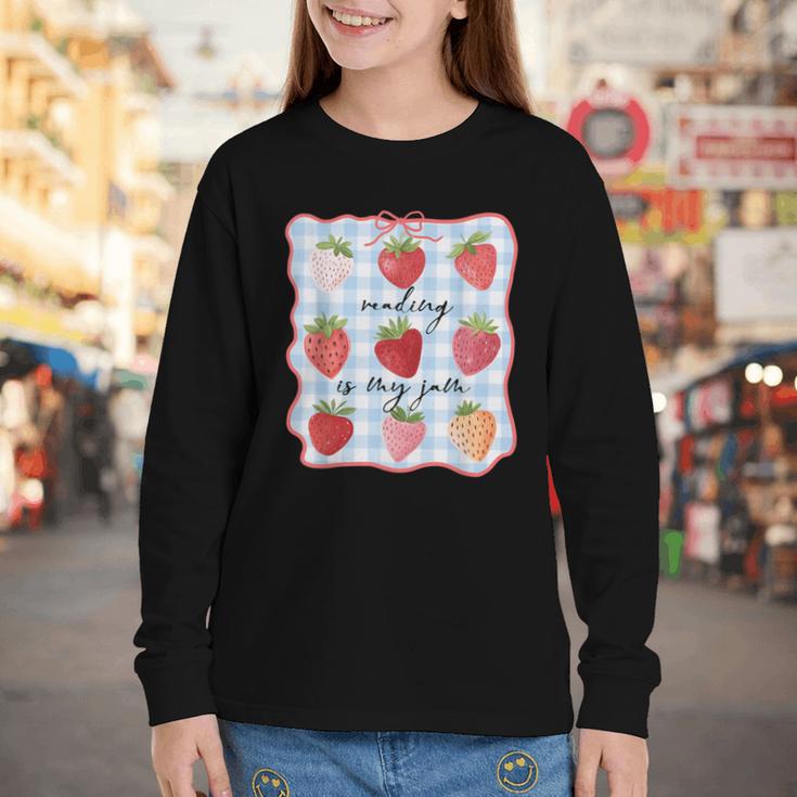 Reading Is My Jam Preppy Stawberry Bookworm Book Lover Nerd Youth Long Sleeve Tee
