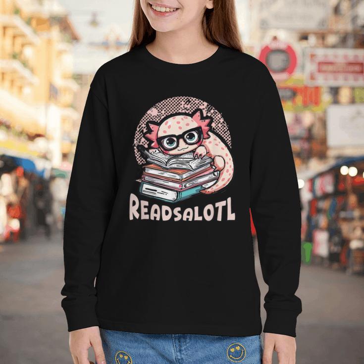 Readsalotl Axolotl Reading Books Glasses Bookworm Pun Fun Youth Long Sleeve Tee Readsalotl Axolotl Reading Books Glasses Bookworm Pun Fun Youth Long Sleeve Tee