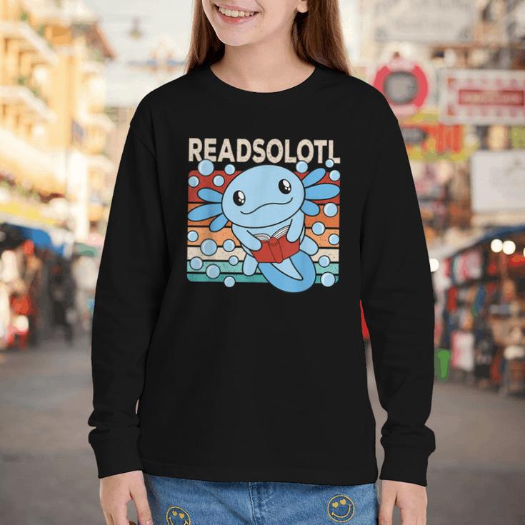 Readsolotl Blue Kawaii Axolotl Book Lover Reading Retro Youth Long Sleeve Tee