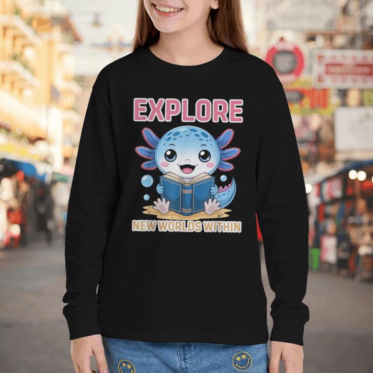 Readsolotl Kawaii Axolotl Book Lover Reading Youth Long Sleeve Tee
