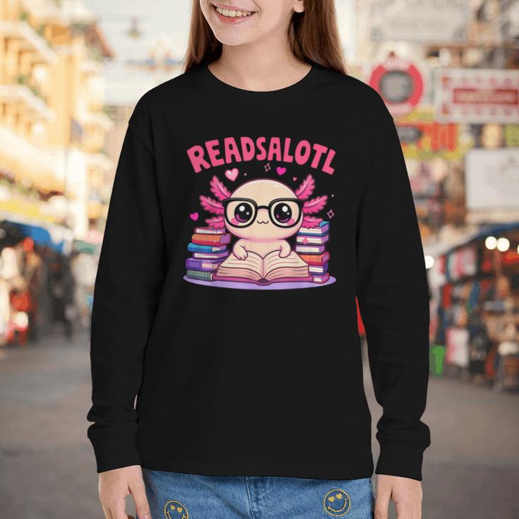 Readsolotl Pink Kawaii Axolotl Book Lover Reading Youth Long Sleeve Tee