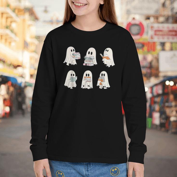 Retro Ghost Reading Books Halloween Bookish Ghost Bookworm Youth Long Sleeve Tee