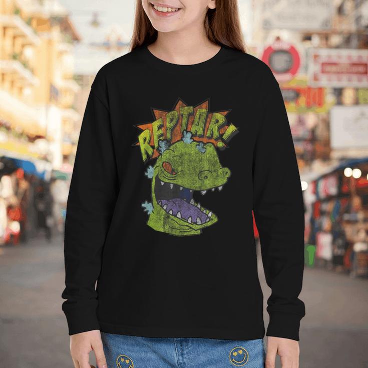 Rugrats Reptar Distressed Comic Book Style Cartoon Youth Long Sleeve Tee