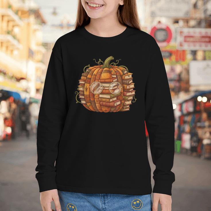 Smart Book Pumpkin Retro Fall Teacher Reading Halloween Youth Long Sleeve Tee