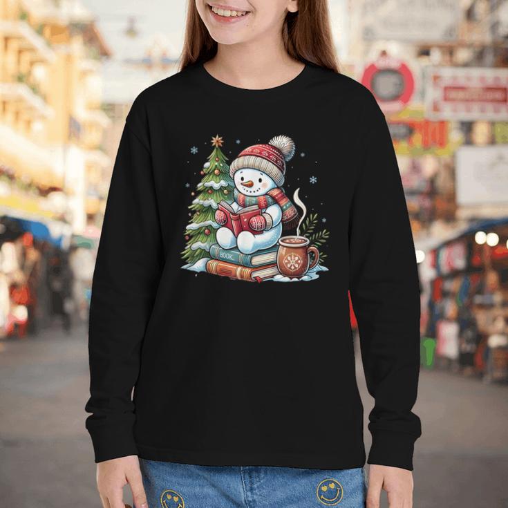 Snowman Reading Book Lovers Christmas Librarian Bookworm Youth Long Sleeve Tee