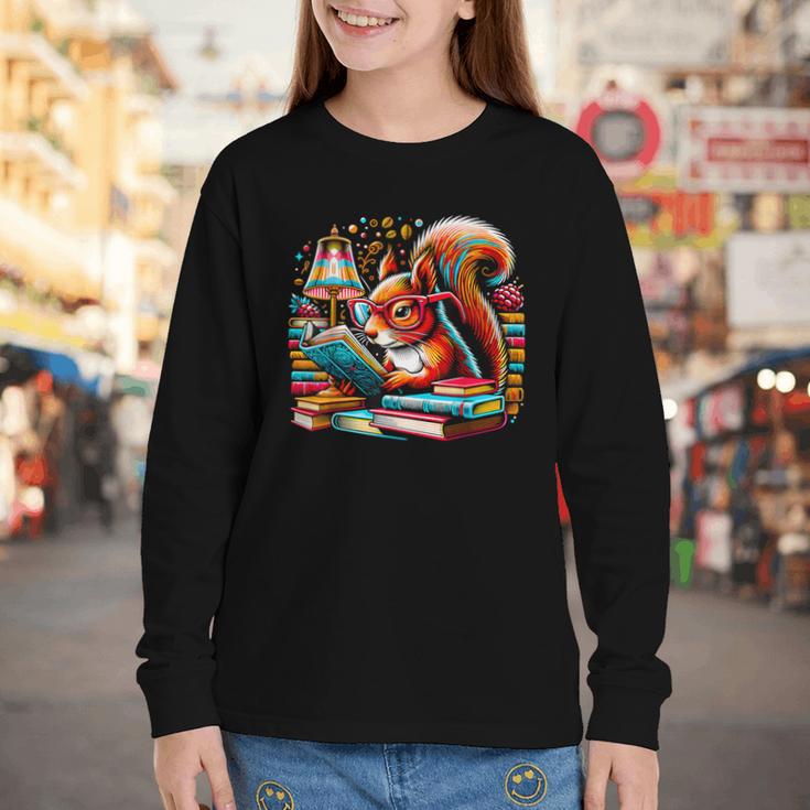 Squirrel Reading a Book Lover Bookworm Youth Long Sleeve Tee