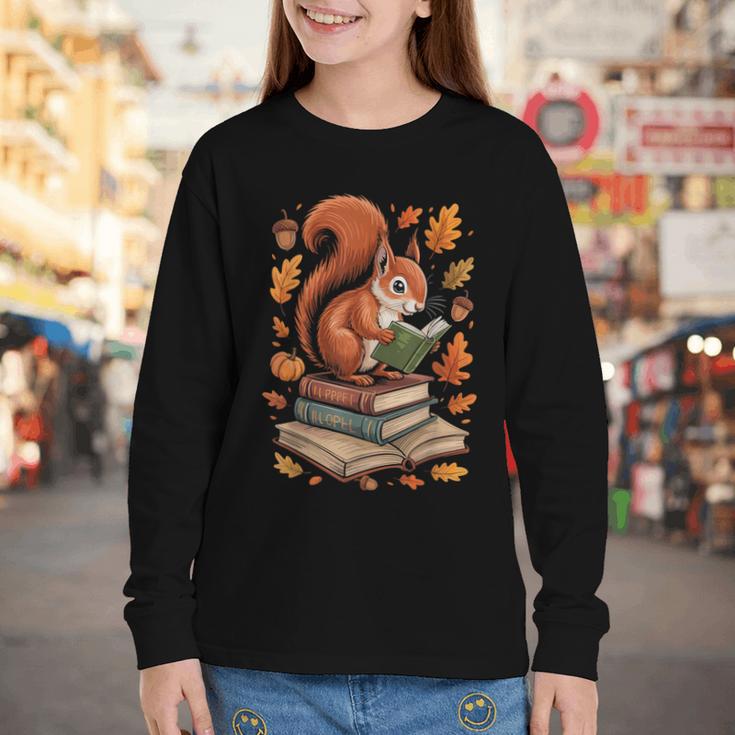 Squirrel Reading Book Lovers Fall Leaves Library Books Youth Long Sleeve Tee
