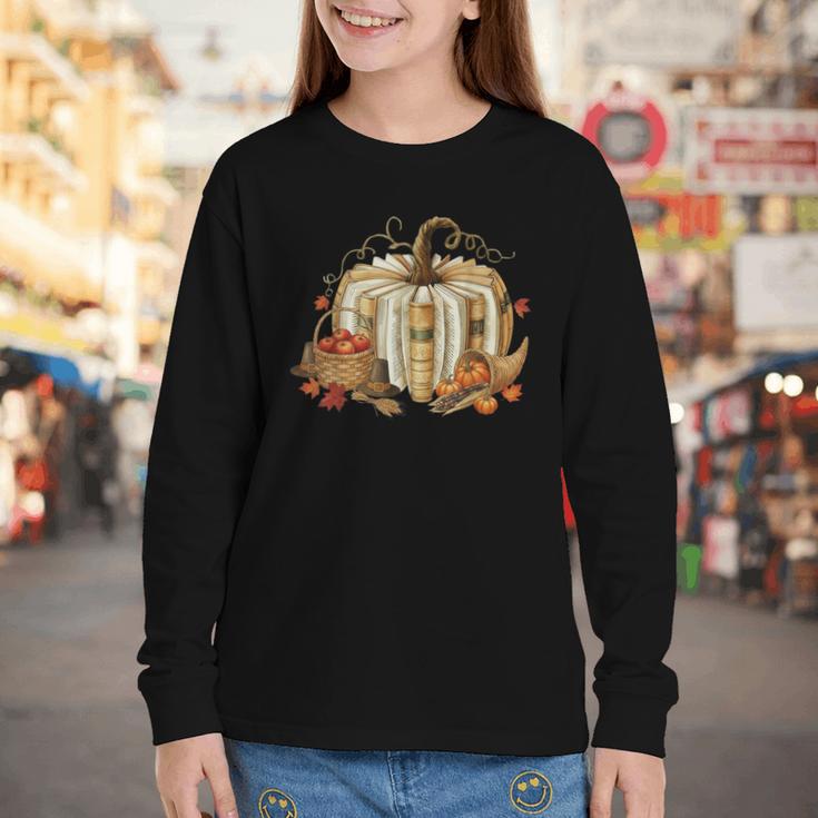 Teacher Book Pumpkin Fall Reading Thanksgiving Autumn Youth Long Sleeve Tee