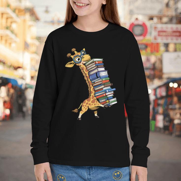 Teacher Shirt Giraffe Holding Books Bookworm Librarian Youth Long Sleeve Tee
