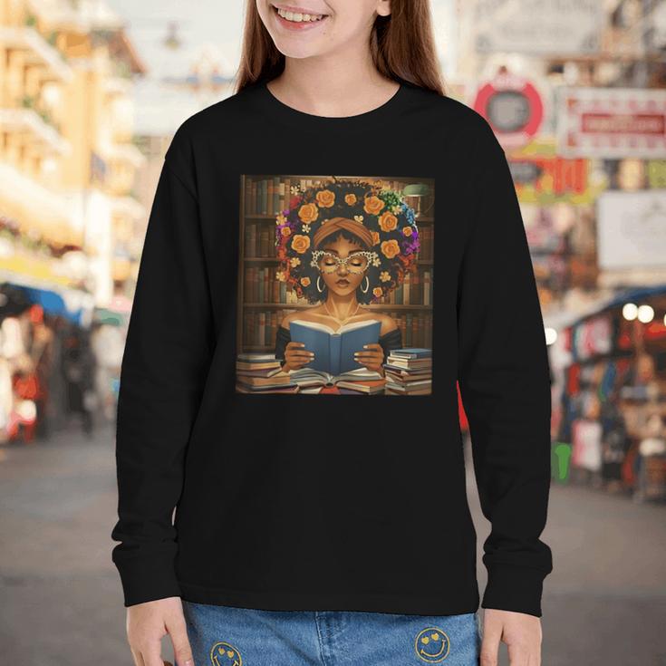 History Month Black Afro Girl Women Book Lovers Flower Youth Long Sleeve Tee