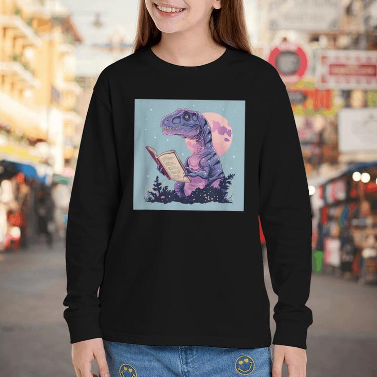 Trex Reading Book Dinosaur Youth Long Sleeve Tee