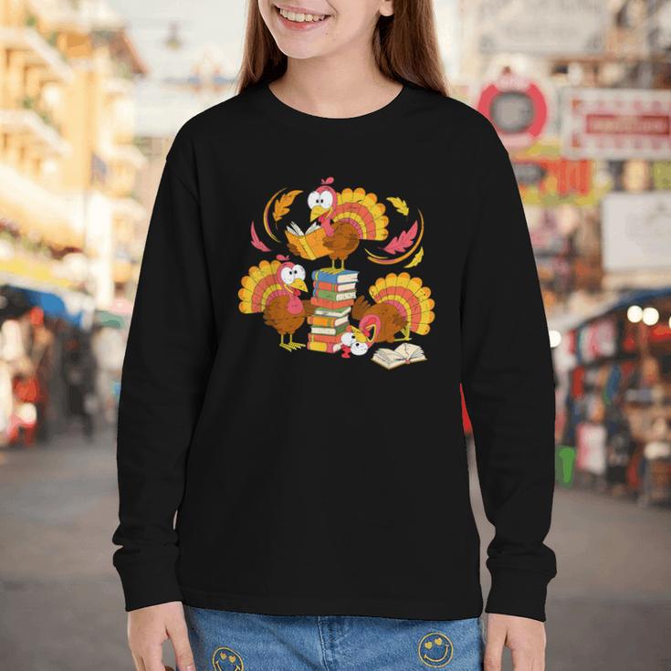 Turkey Reading Books Fall Thanksgiving Teacher Librarian Youth Long Sleeve Tee