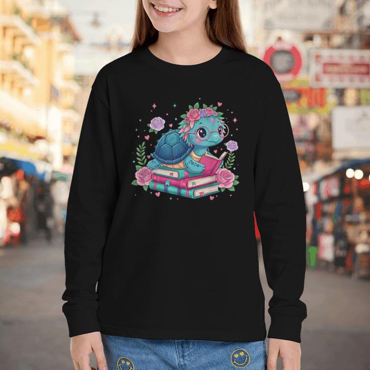 Turtle Bookworm Reading Book Bookworm Book Nerd Cute Graphic Youth Long Sleeve Tee