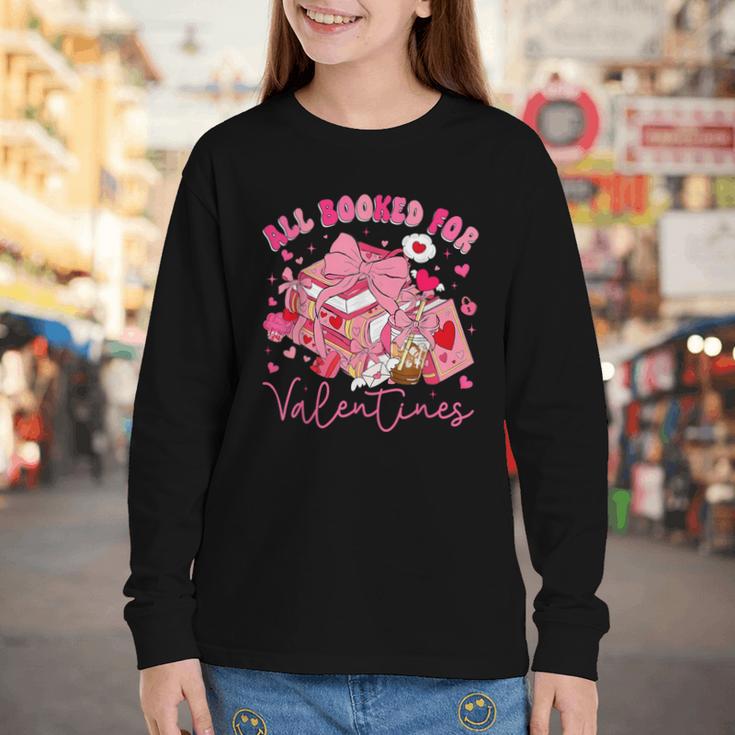 Valentine All Booked Book Coffee Coquette Bow Girl Women Youth Long Sleeve Tee