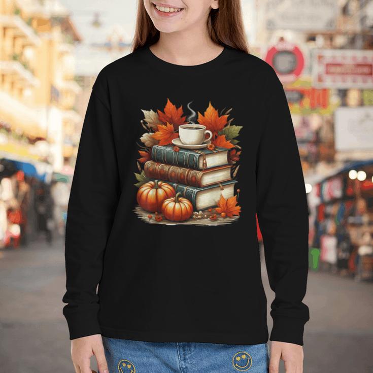 Vintage Autumn Books Coffee Pumpkin Fall Reading Youth Long Sleeve Tee