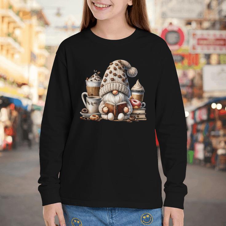 Vintage Cute Gnome Reading Book Coffee Latte Men Women Kids Youth Long Sleeve Tee