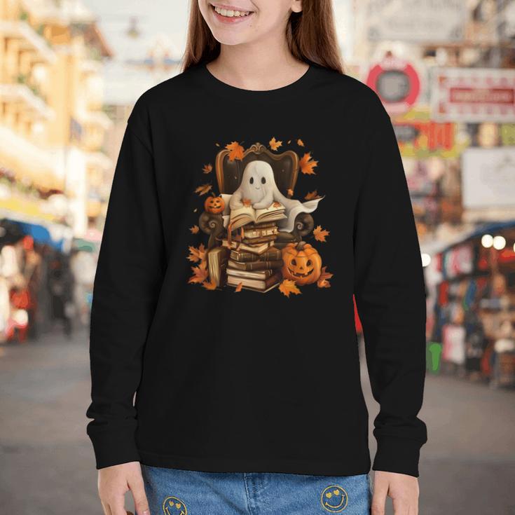 Vintage Ghost Book Reading Pumpkin Gothic Halloween Teachers Youth Long Sleeve Tee