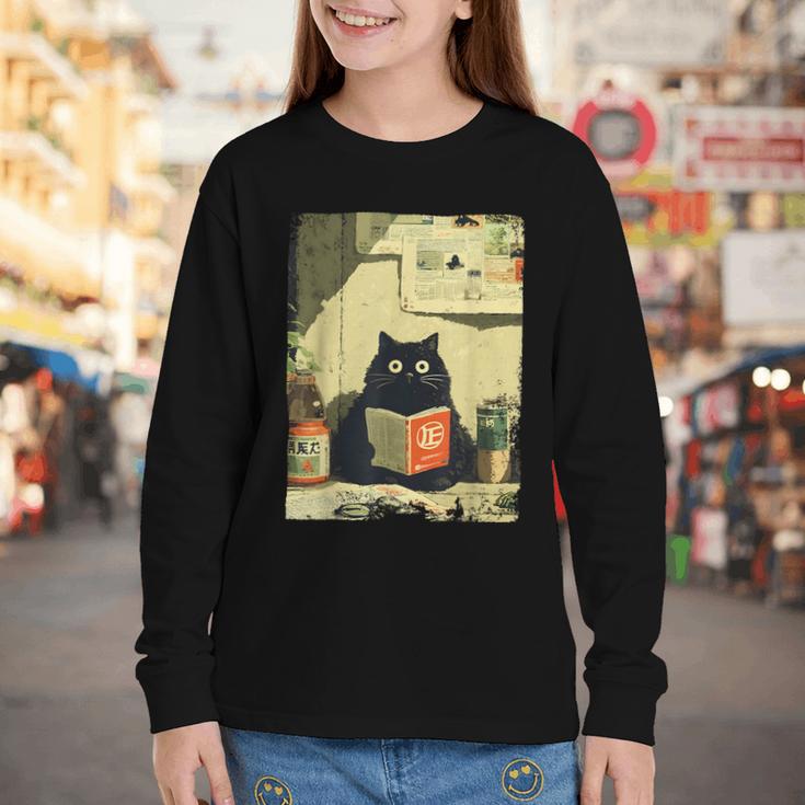 Vintage Japanese Cat Book Lovers Librarian Cat Dad Teacher Youth Long Sleeve Tee