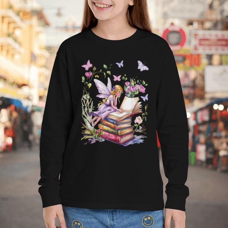 Watercolor Butterfly Fairy Read Book Library Fantasy Novel Youth Long Sleeve Tee