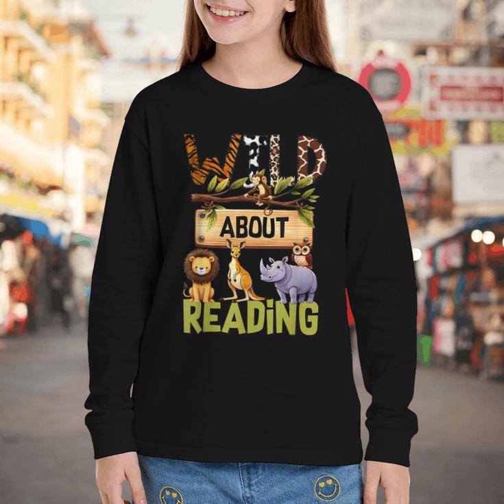 Wild About Reading Reading Books And Bookworm Library Day Youth Long Sleeve Tee