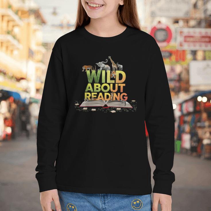 Wild About Reading Books Lovers Novelty Bookworm Library Day Youth Long Sleeve Tee