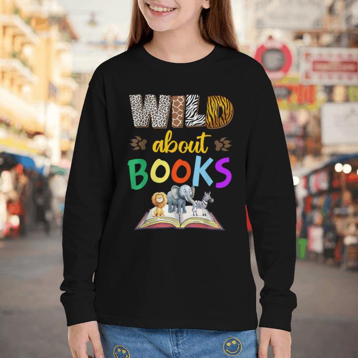 Wild About Reading Books Reader Bookworm Animals Book Lover Youth Long Sleeve Tee