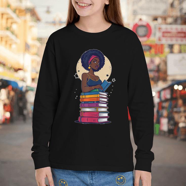 Woman And Books Stack Afro Girl Reading Lover Youth Long Sleeve Tee Woman And Books Stack Afro Girl Reading Lover Youth Long Sleeve Tee