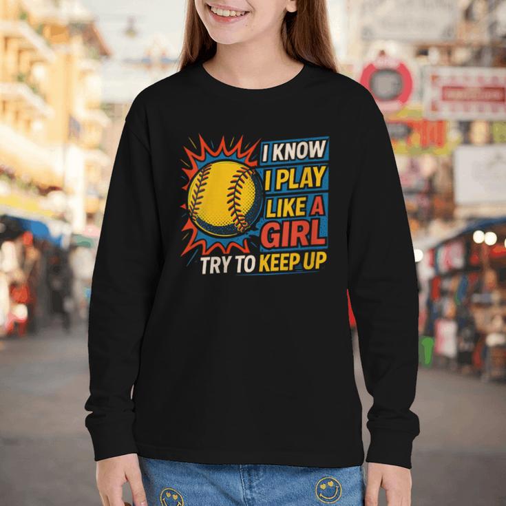 Women's Girls Softball Play Like A Girl Comic Book Pop Art Youth Long Sleeve Tee