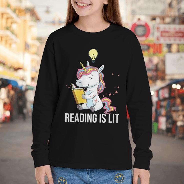 Women's Reading Is Lit Unicorn Library English Teacher Book Lover Youth Long Sleeve Tee