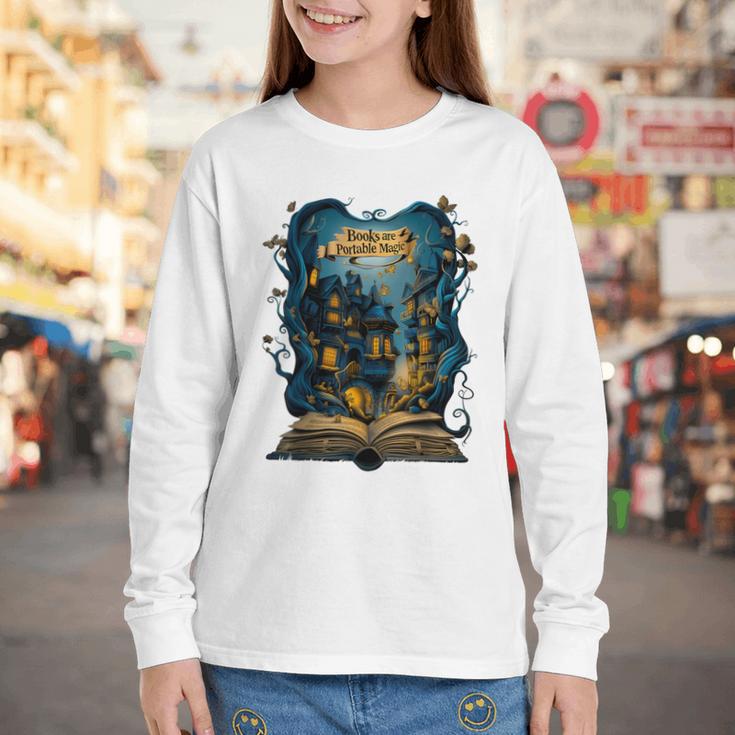 4 Books Are Portable Magic Bookish Reading Nerd Quote Youth Long Sleeve Tee