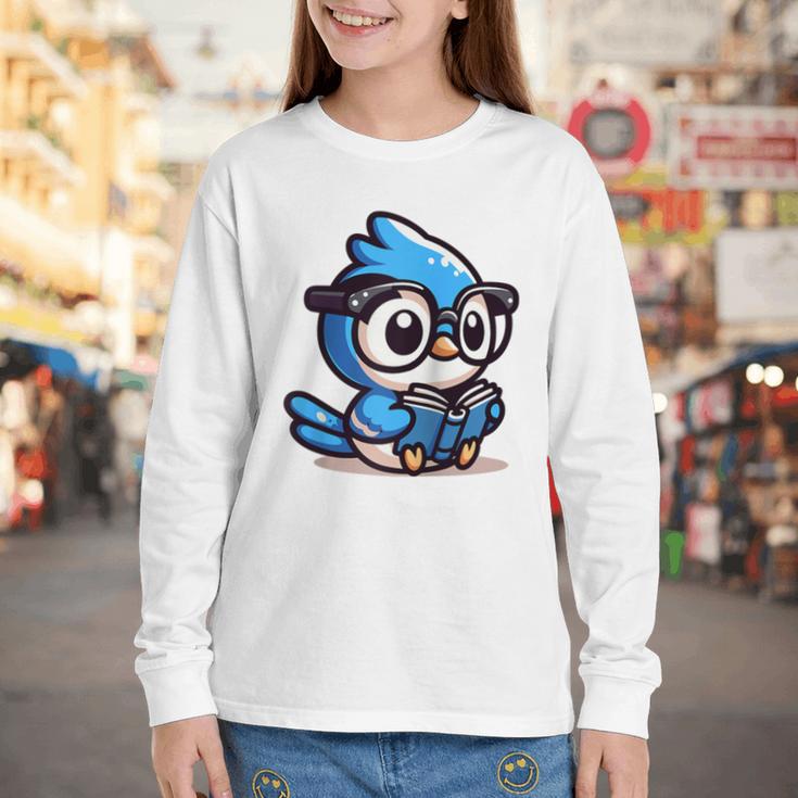 Adorable Book Lover Blue Jay With Reading Glasses Cute Raglan Baseball Tee Youth Long Sleeve Tee