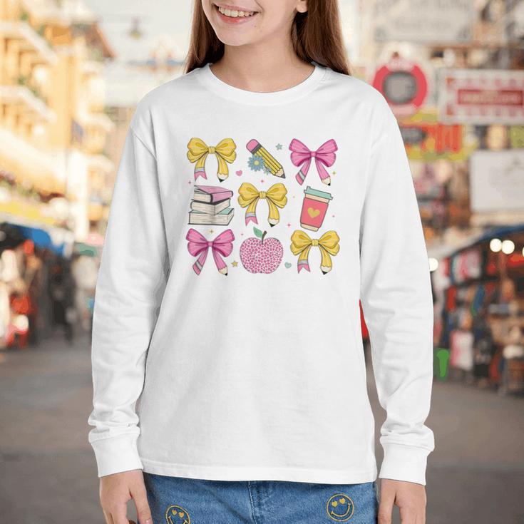 Apple Coquette Bow Books First Day Of School Back To School Youth Long Sleeve Tee