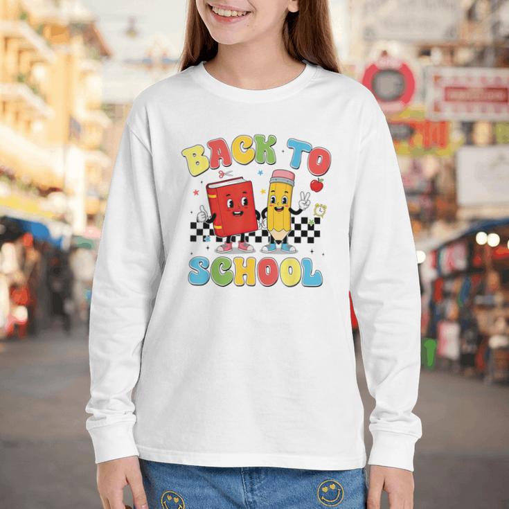 Back To School Checkered Book Pencil Groovy Teacher Student Youth Long Sleeve Tee