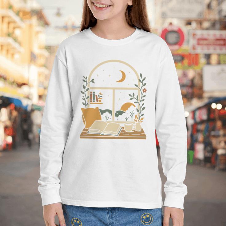 Book Lover Moonlight Reading Scene Night Youth Long Sleeve Tee