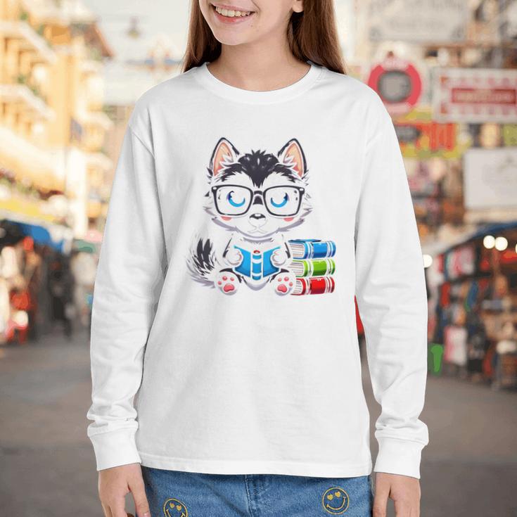 Book Lover Reading Husky Dog Youth Long Sleeve Tee
