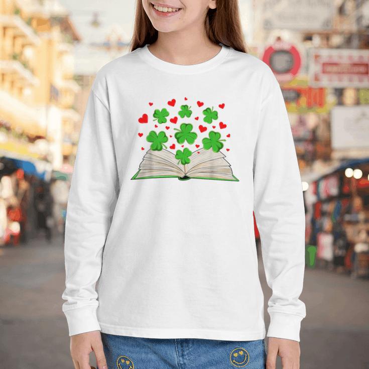 Book With Shamrocks Librarian Saint Patrick's Day Kids Youth Long Sleeve Tee