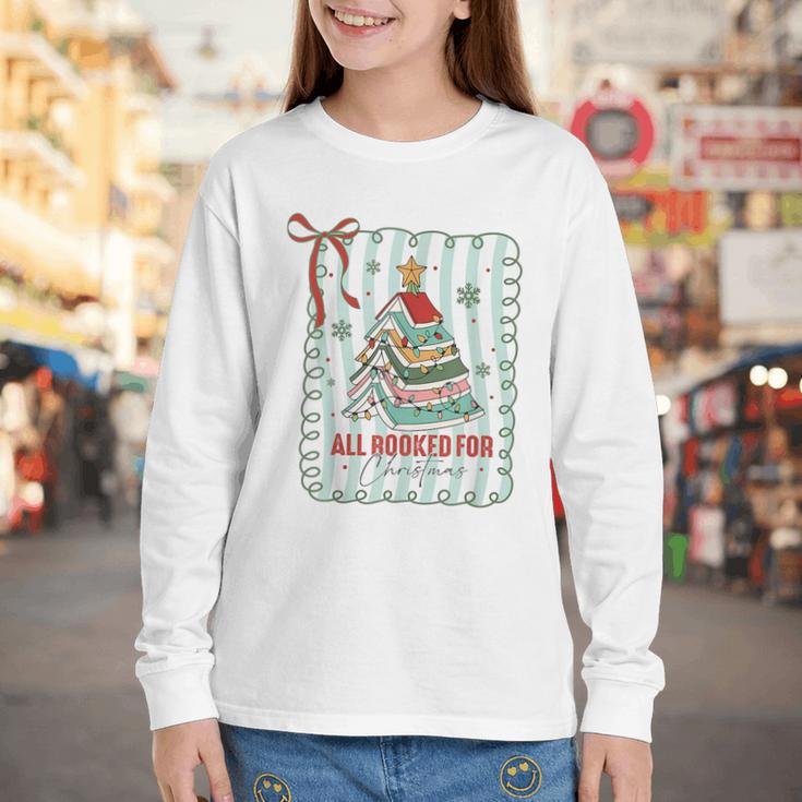 All Booked For Christmas Book Xmas Tree Coquette Bow Lights Youth Long Sleeve Tee