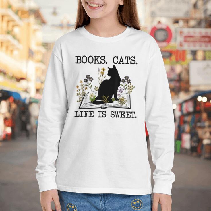 Books Cats Life Is Sweet Cat Book Lover Men Women Teen Youth Long Sleeve Tee