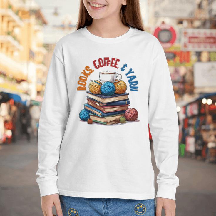 “Books Coffee & Yarn Enthusiast Cozy Reader Youth Long Sleeve Tee