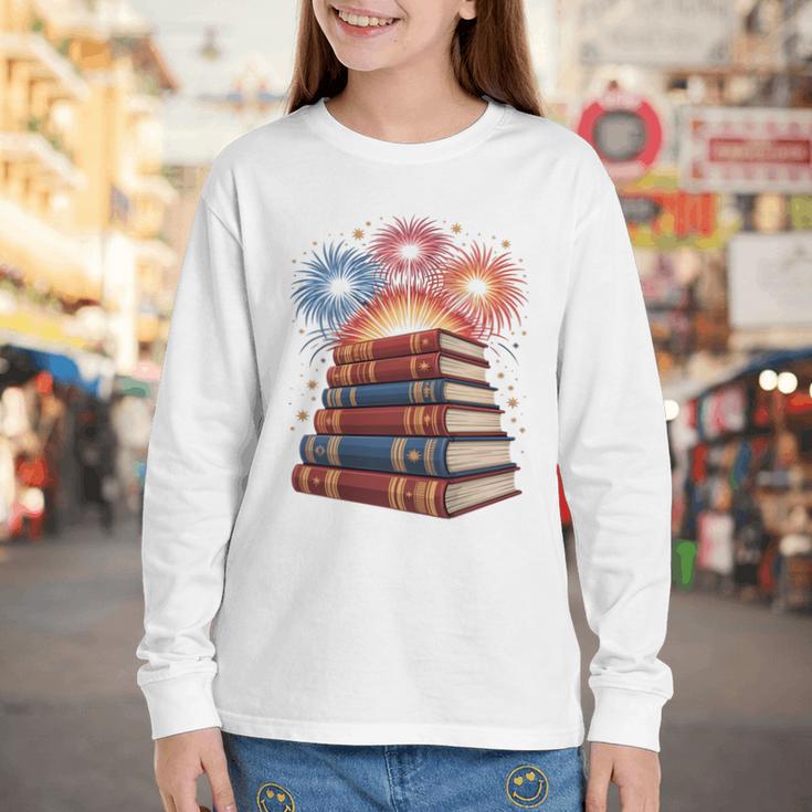 Books Fireworks 4th Of July Bookworm Patriotic Reader Youth Long Sleeve Tee